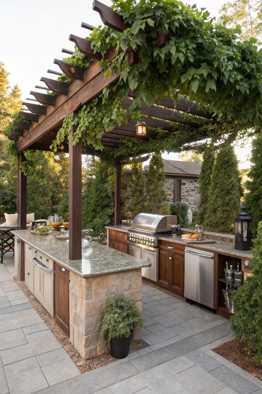 An outdoor cooking island comfortably shaded by a stylish pergola, surrounded by greenery.