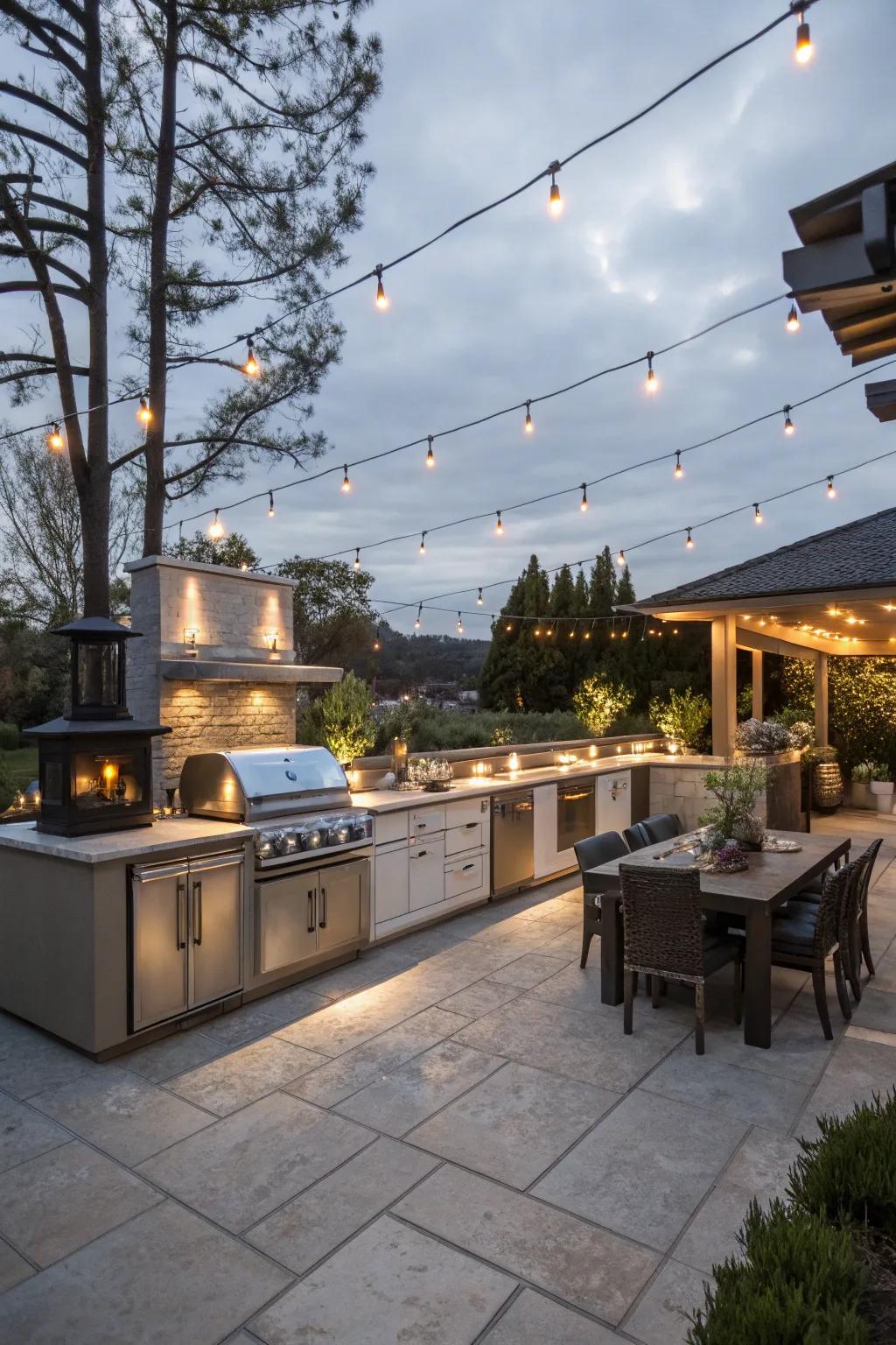 Tiered lighting includes profoundness and dimension to open-air kitchens.