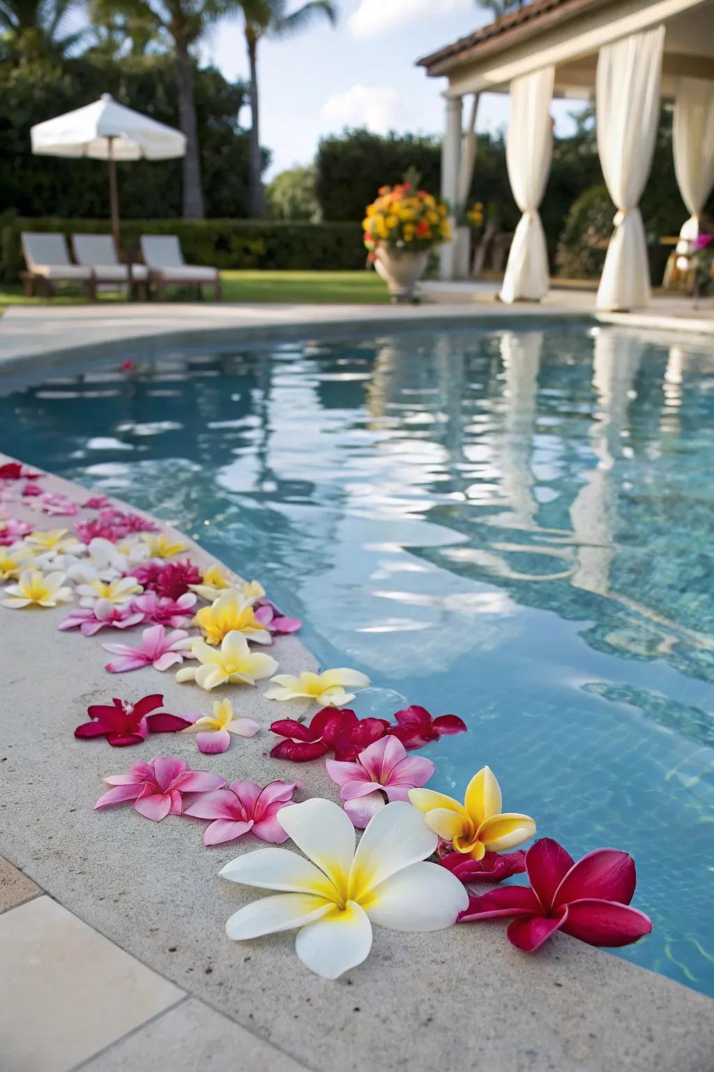 Floating flowers introduce a playful and elegant element to the pool.