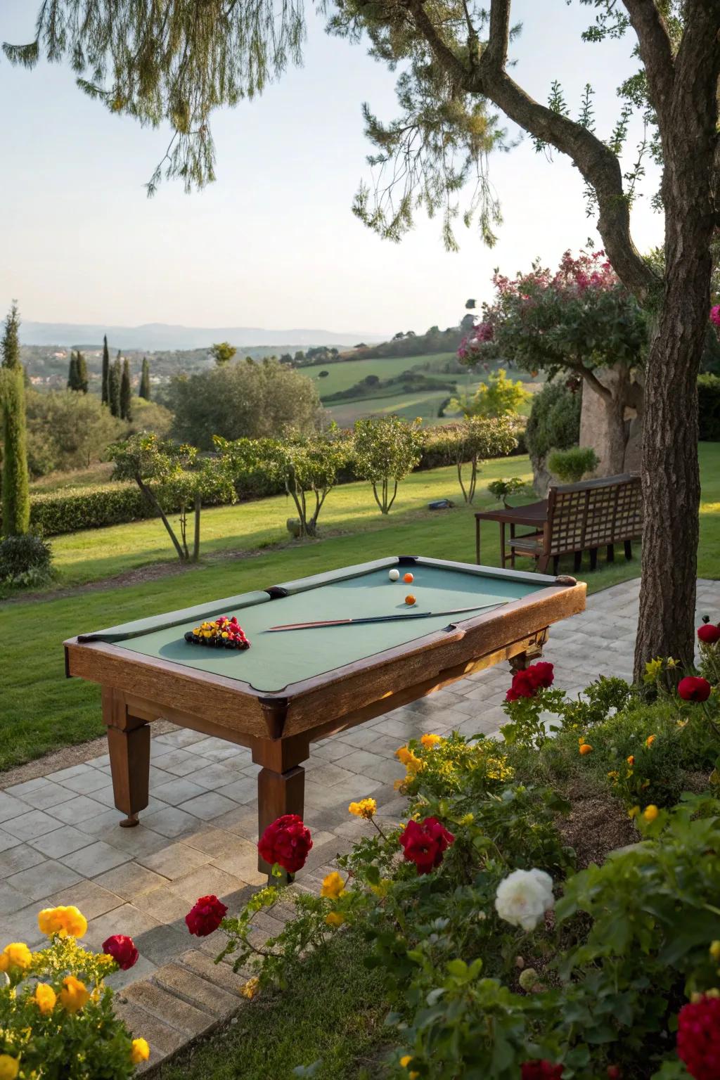 A pool table with captivating views of a lush garden.