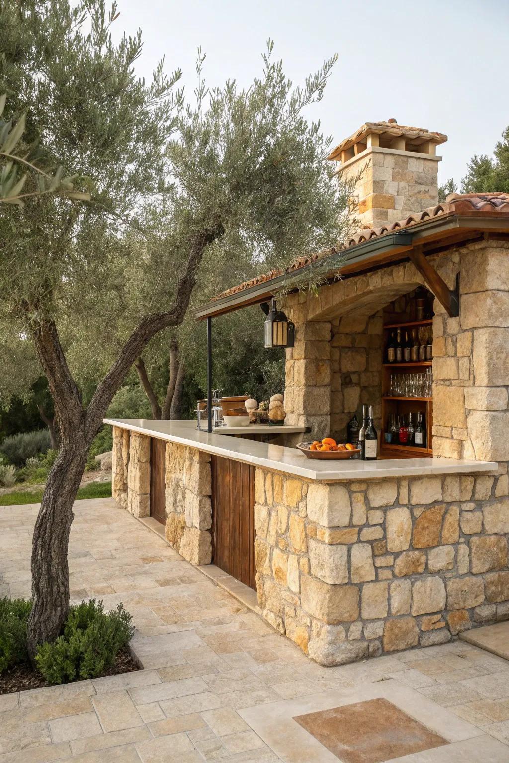 A Mediterranean stone bar displaying vibrant features.