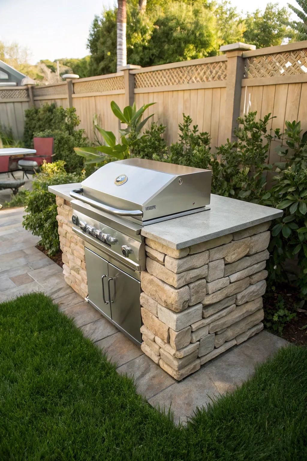 A layered stone BBQ grill provides a unique combination of natural and modern design.