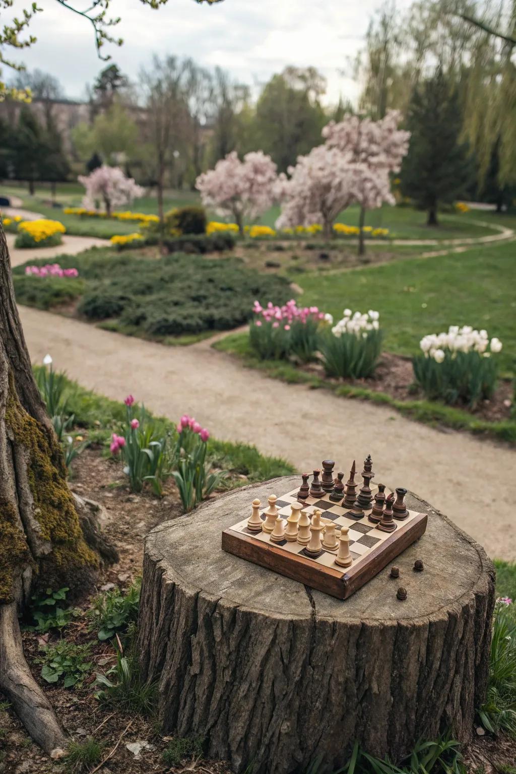 A stump-turned-game board adds an element of playful fun to the garden.