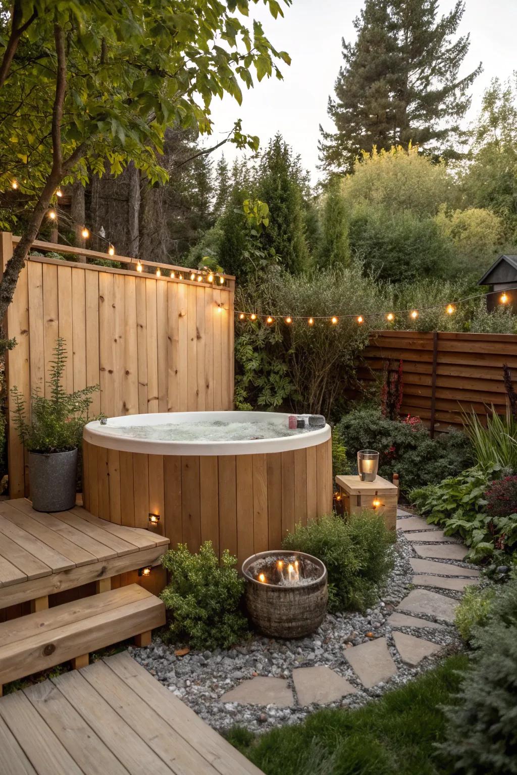 Introduce warmth via plank surroundings for a cozy outdoor tub experience.