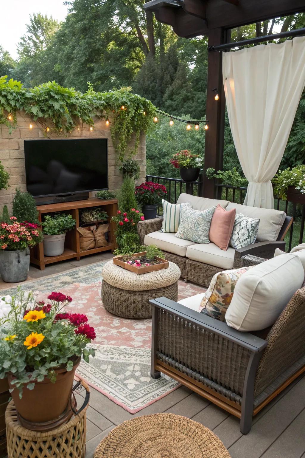 Decorative pieces add individuality and comfort to your outdoor TV design.