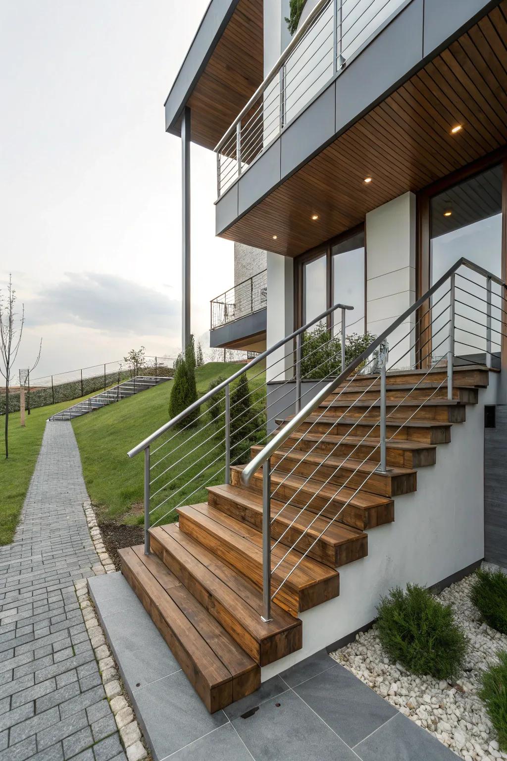 A standout blend of wood and metal for a contemporary entrance.