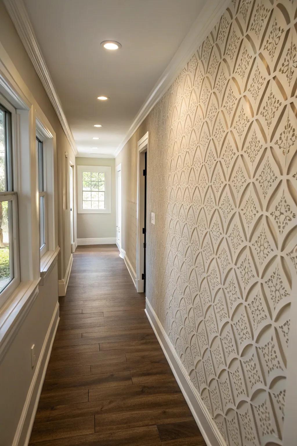 Embossed coating adds depth and interest to any wall.