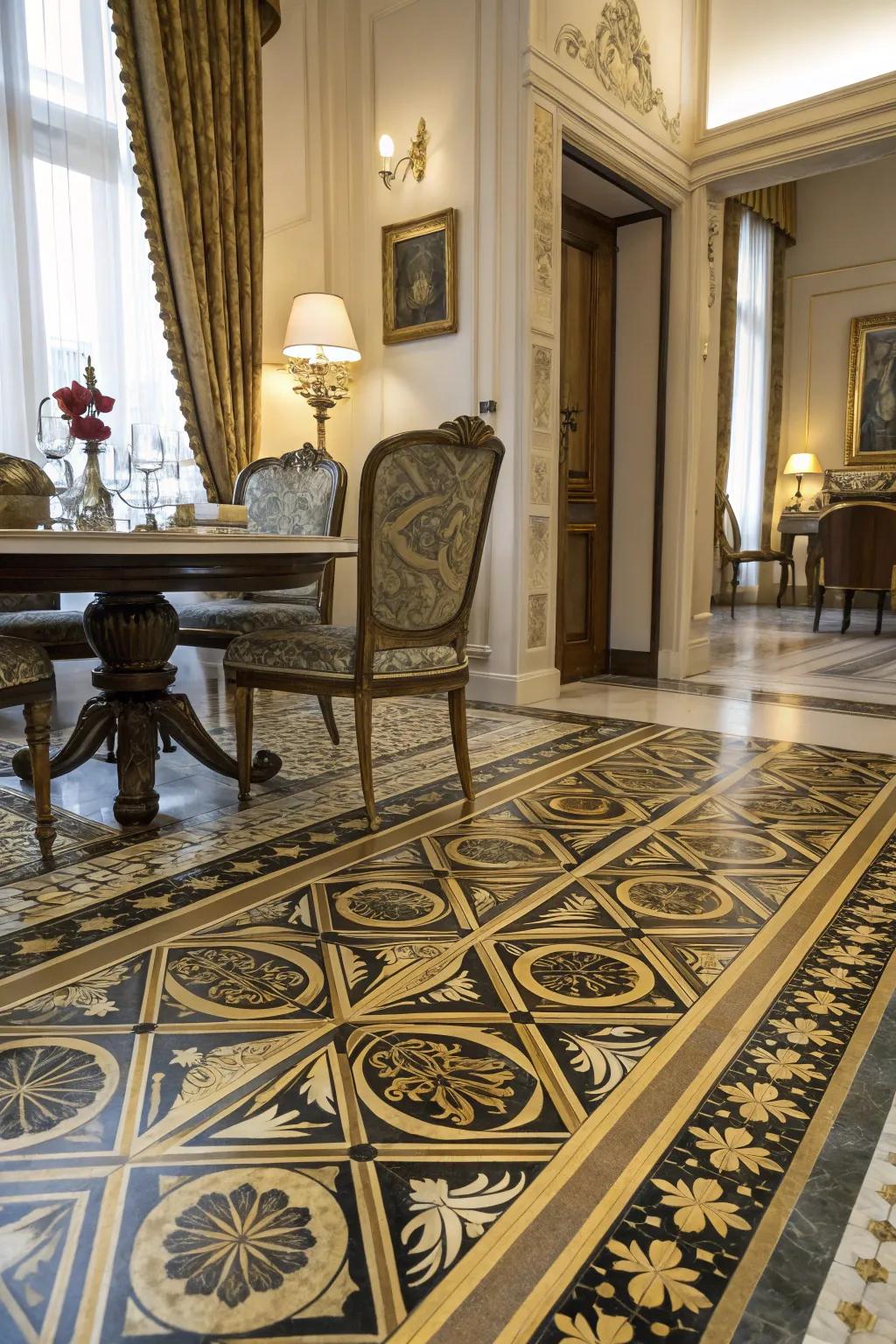 A dining room embellished with Art Deco-inspired painted floorings, offering a classic beauty.
