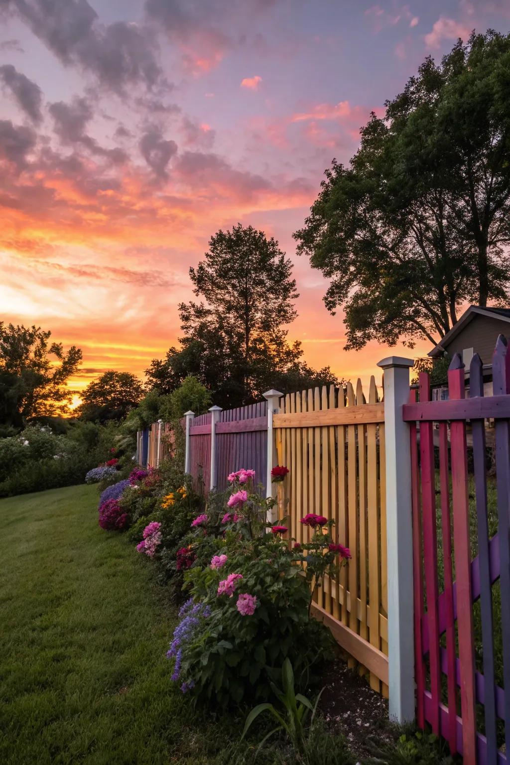 A picket fence radiating with sunset-inspired colors.