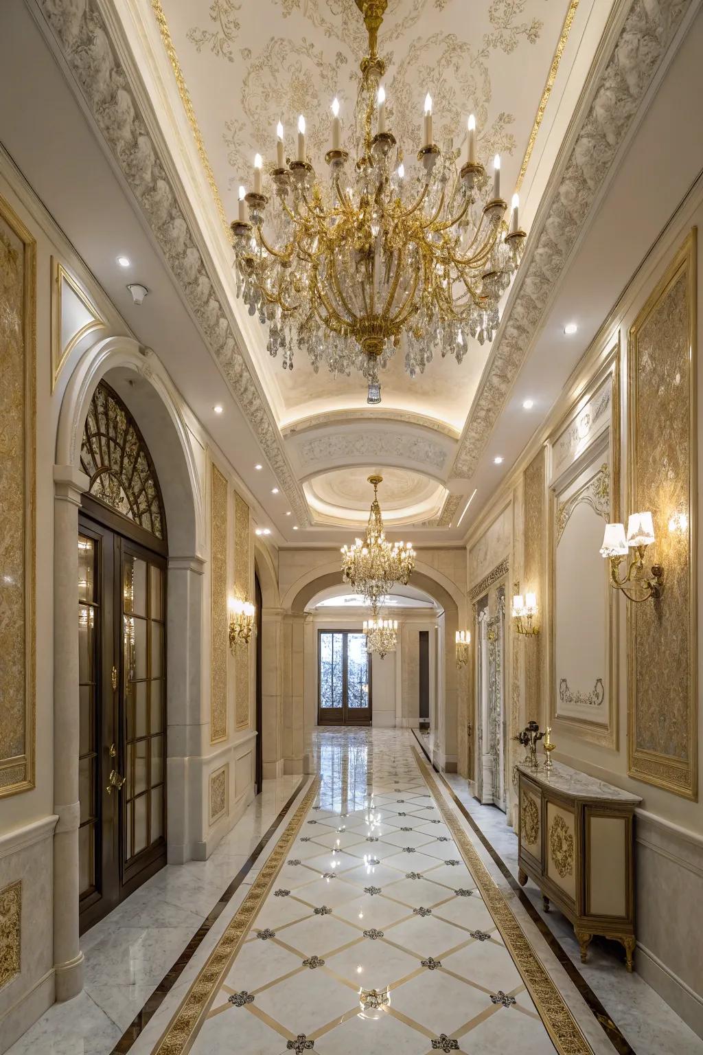 Lighting fixtures magnificently highlight panel ceilings.