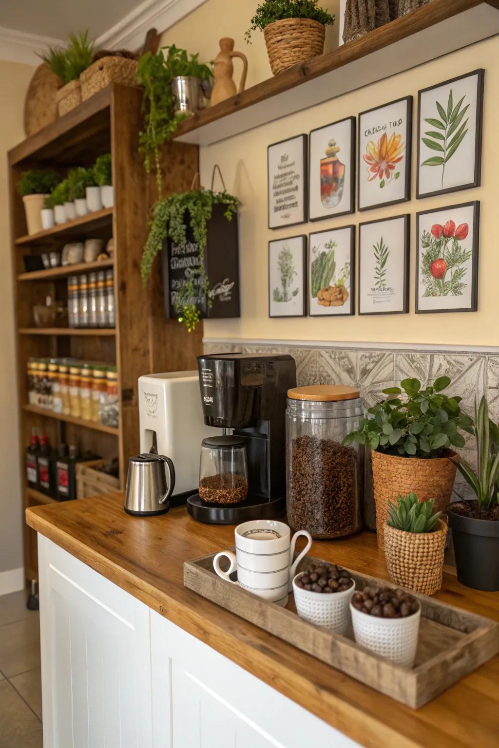 Personal decorative touches bring warmth and character to a coffee bar.