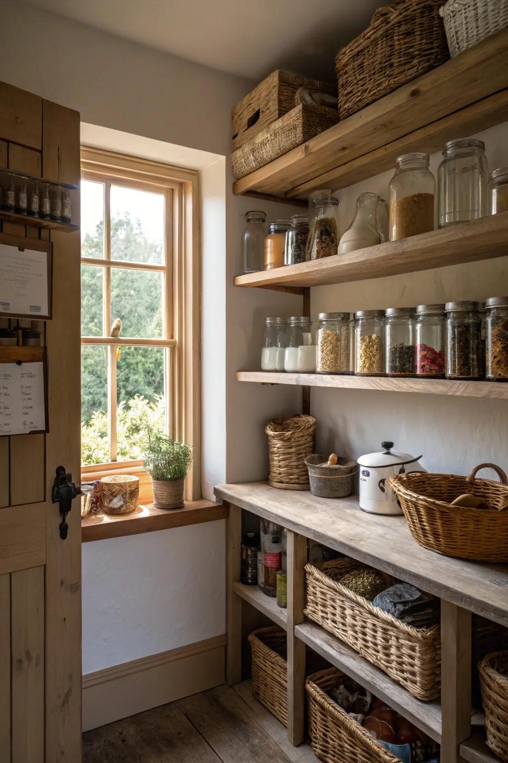 Natural accents create a cozy and welcoming pantry.