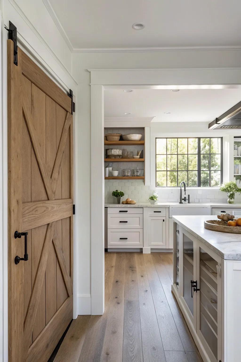 A cohesive design is achieved when pantry doors blend seamlessly with cabinetry.