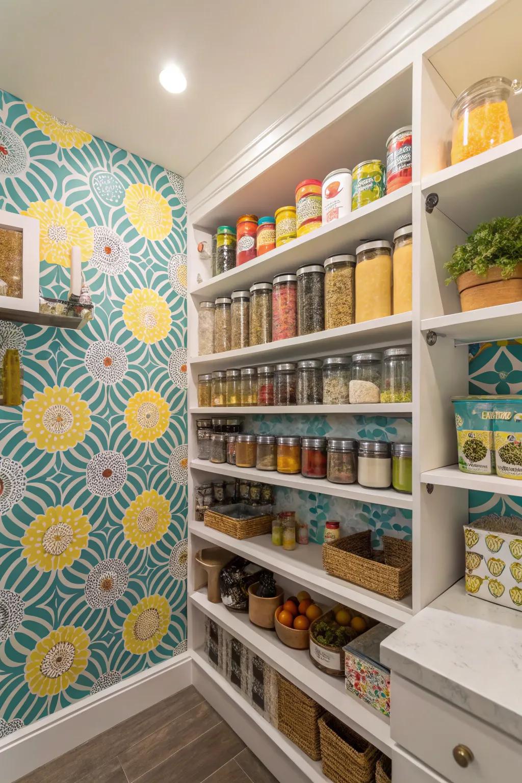 Adding colorful wallpaper brings a personal touch and enhances the look of a pantry.