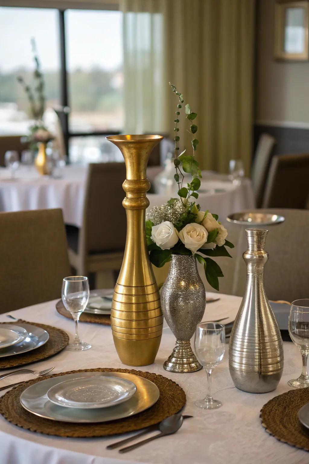 A sparkling metallic centerpiece with gold and silver.
