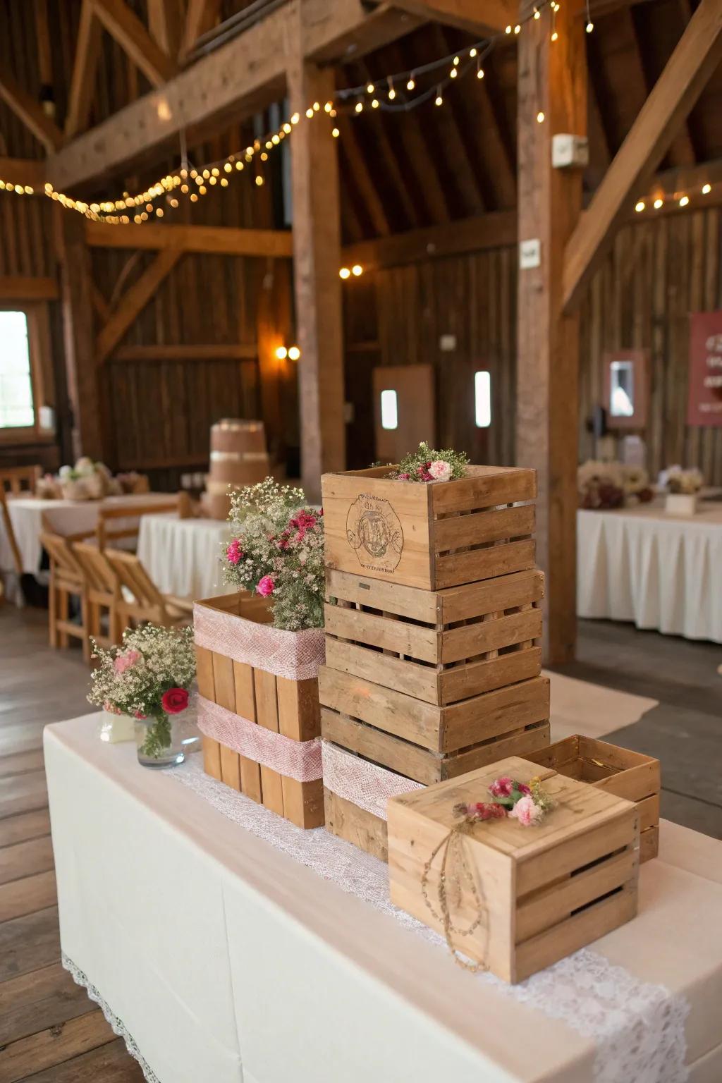 Rustic lumber crates aligning with the barn-themed marriage party.