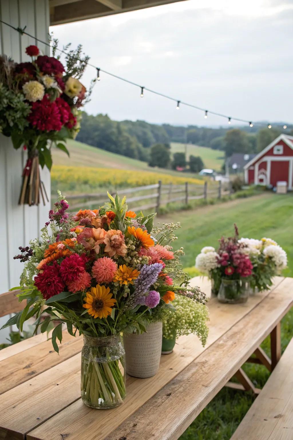 Farm-sourced floral arrangements exhibiting regional blossoms.