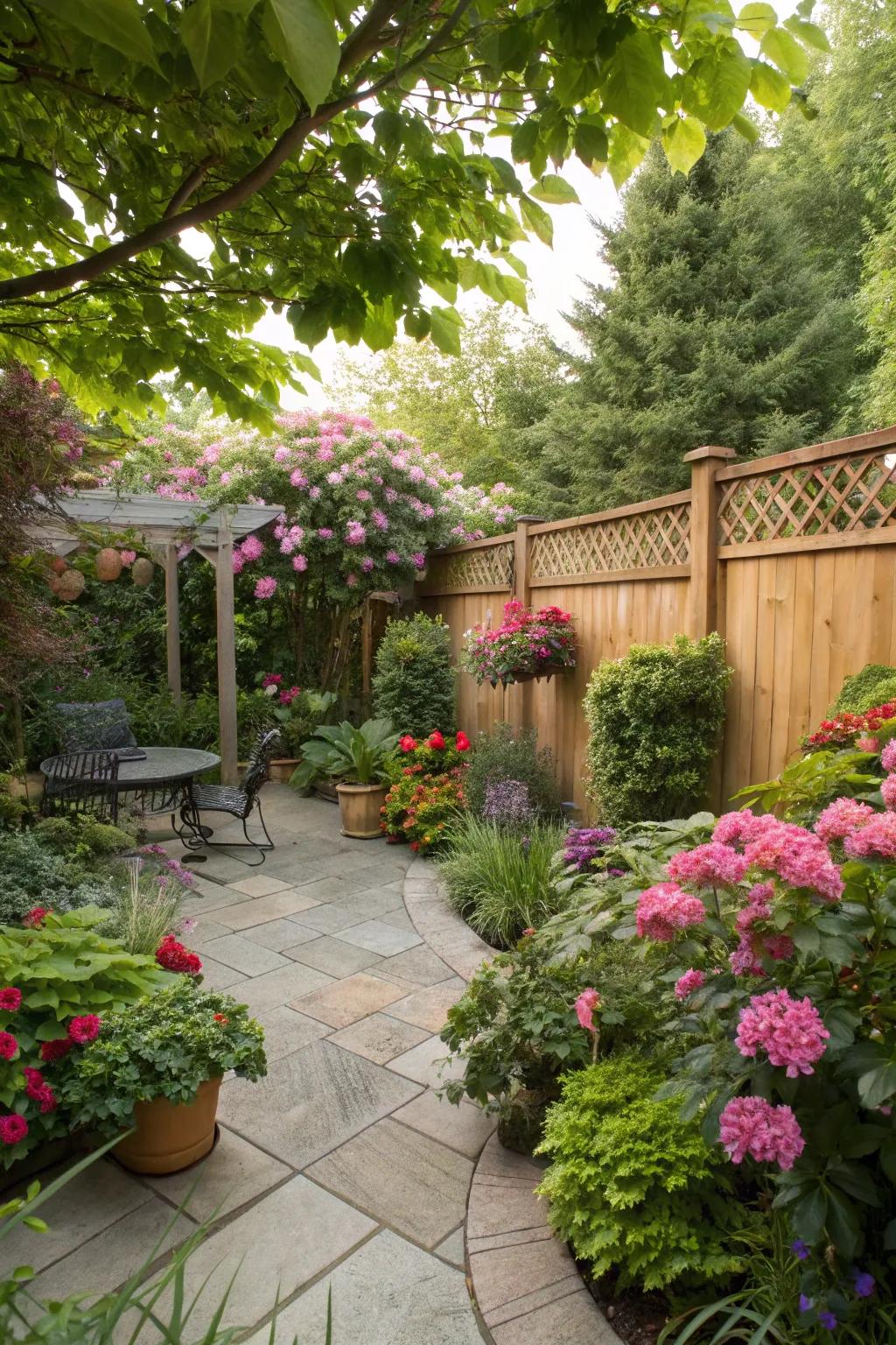 Abundant flora highlights the natural allure of a patio.