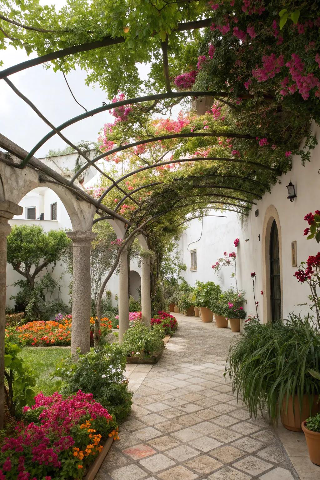 These arched pergolas with flowering vines create beauty and offer shade.