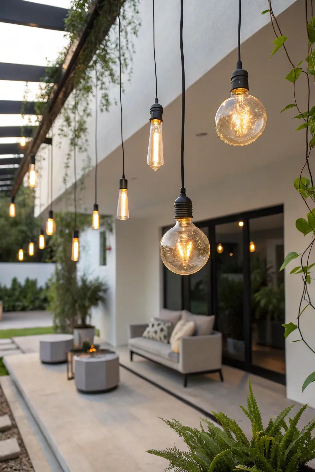 Contemporary hanging bulbs introduce a chic element.