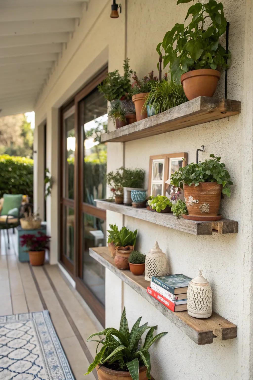 Floating shelves blend style and utility on the patio wall.