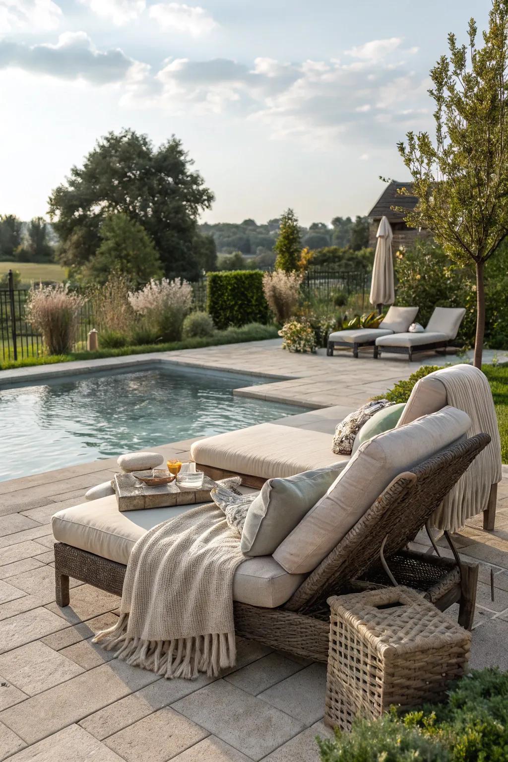 A cozy seating area encourages relaxation and socializing by the pool.