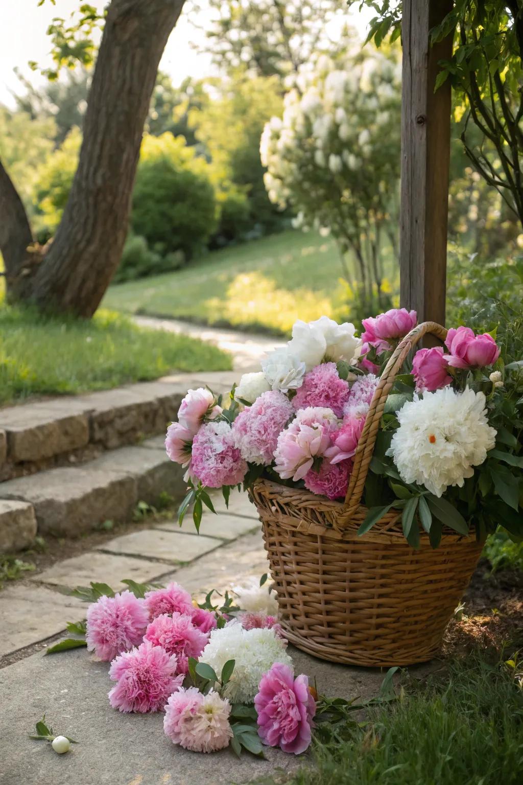 Personal touches like baskets of peonies adding charm to the garden.