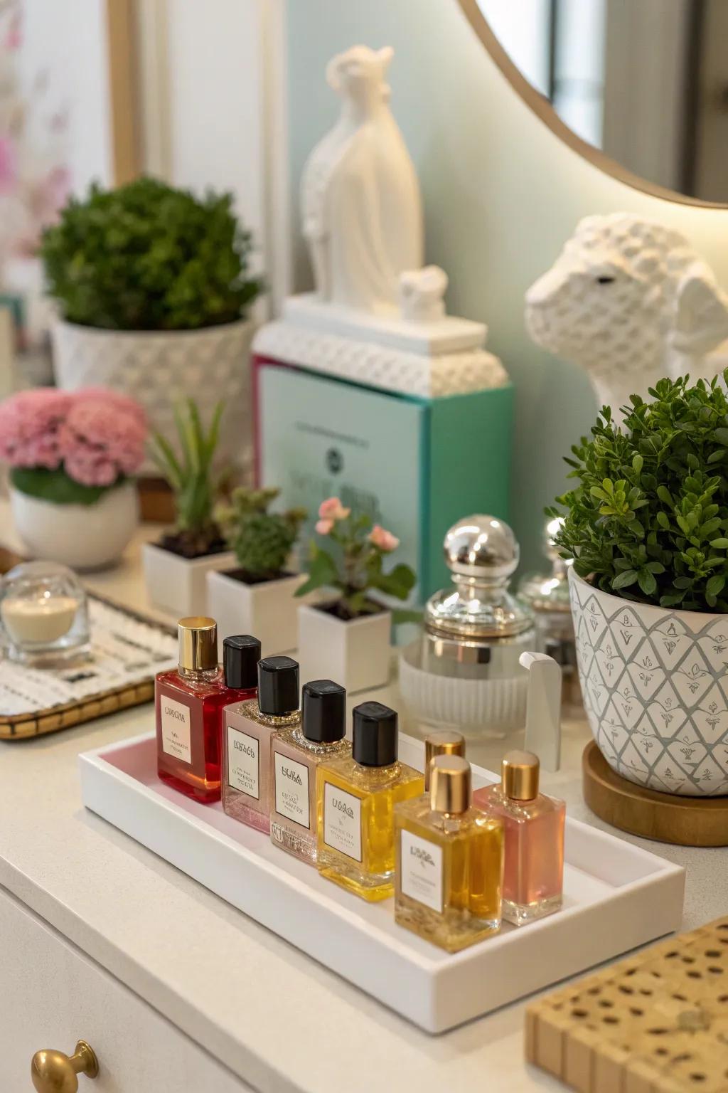 Perfumes displayed alongside decorative elements, adding personality and depth.