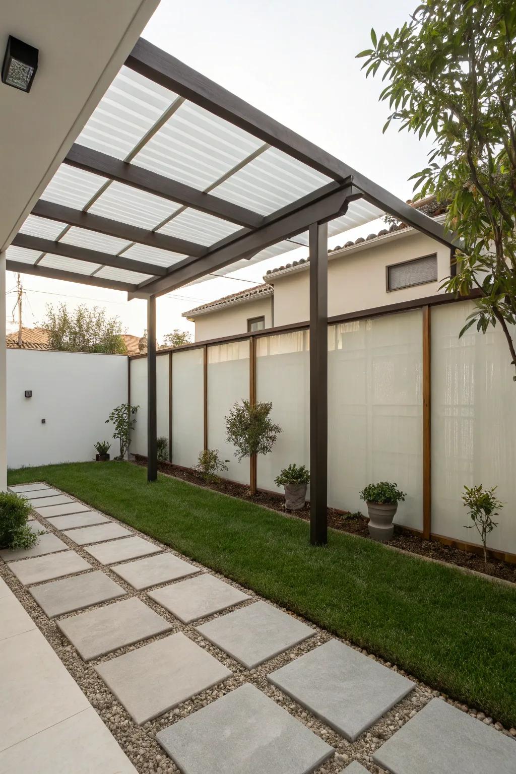 Opaque glass panels provide privacy with a modern edge.