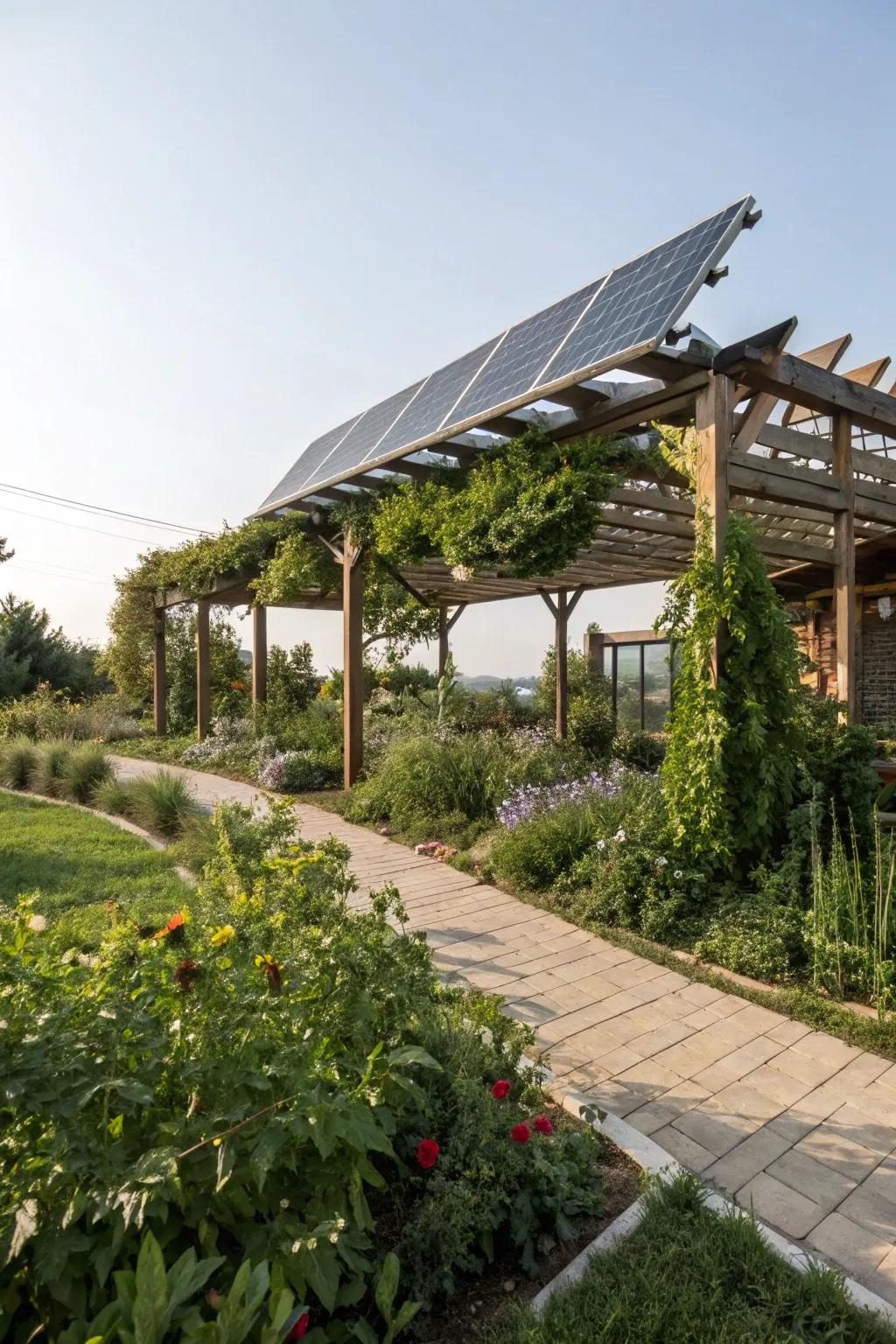 A solar panel pergola roof offers sustainability.