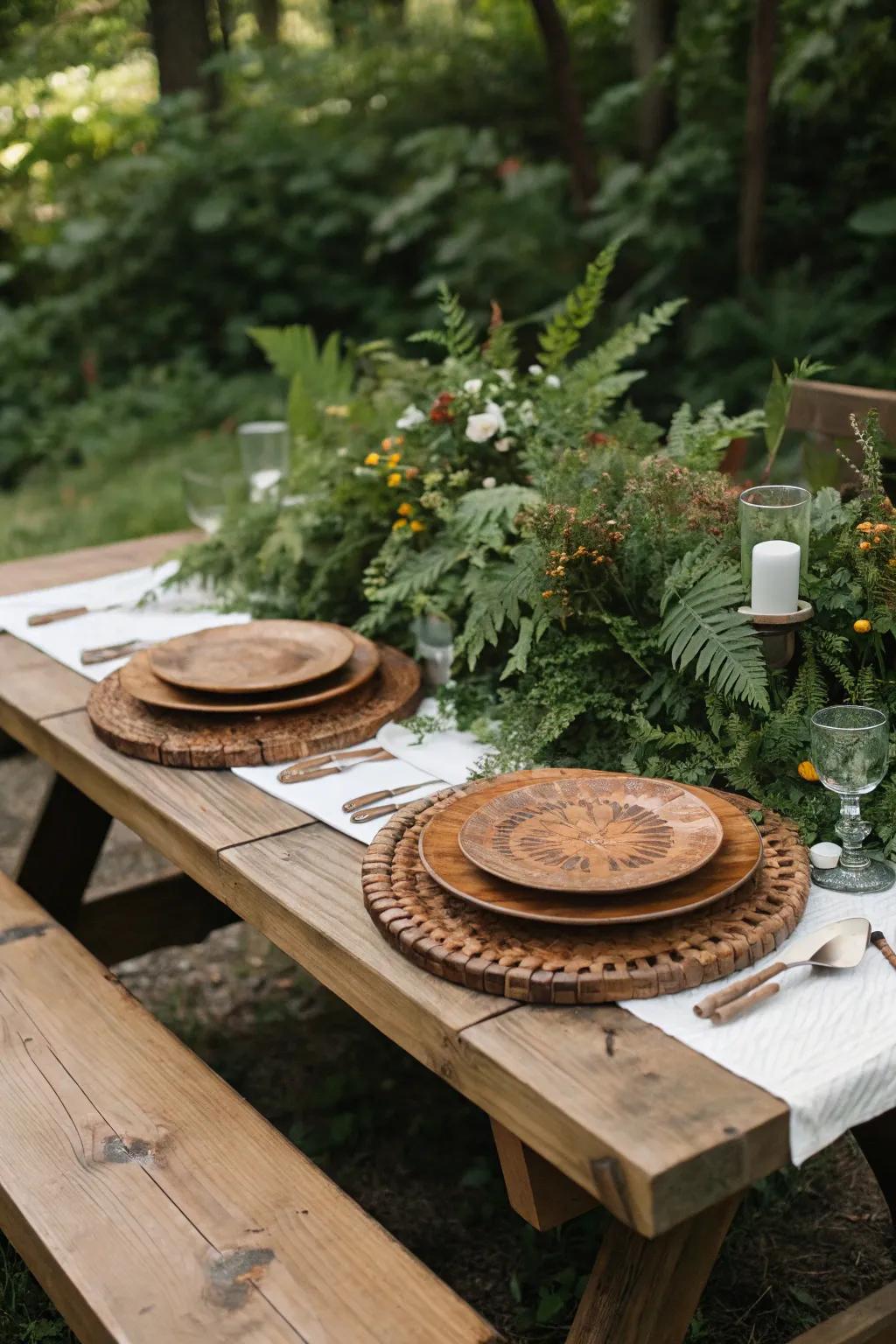 Wooden aspects and greenery bring countryside charm to this picnic table.