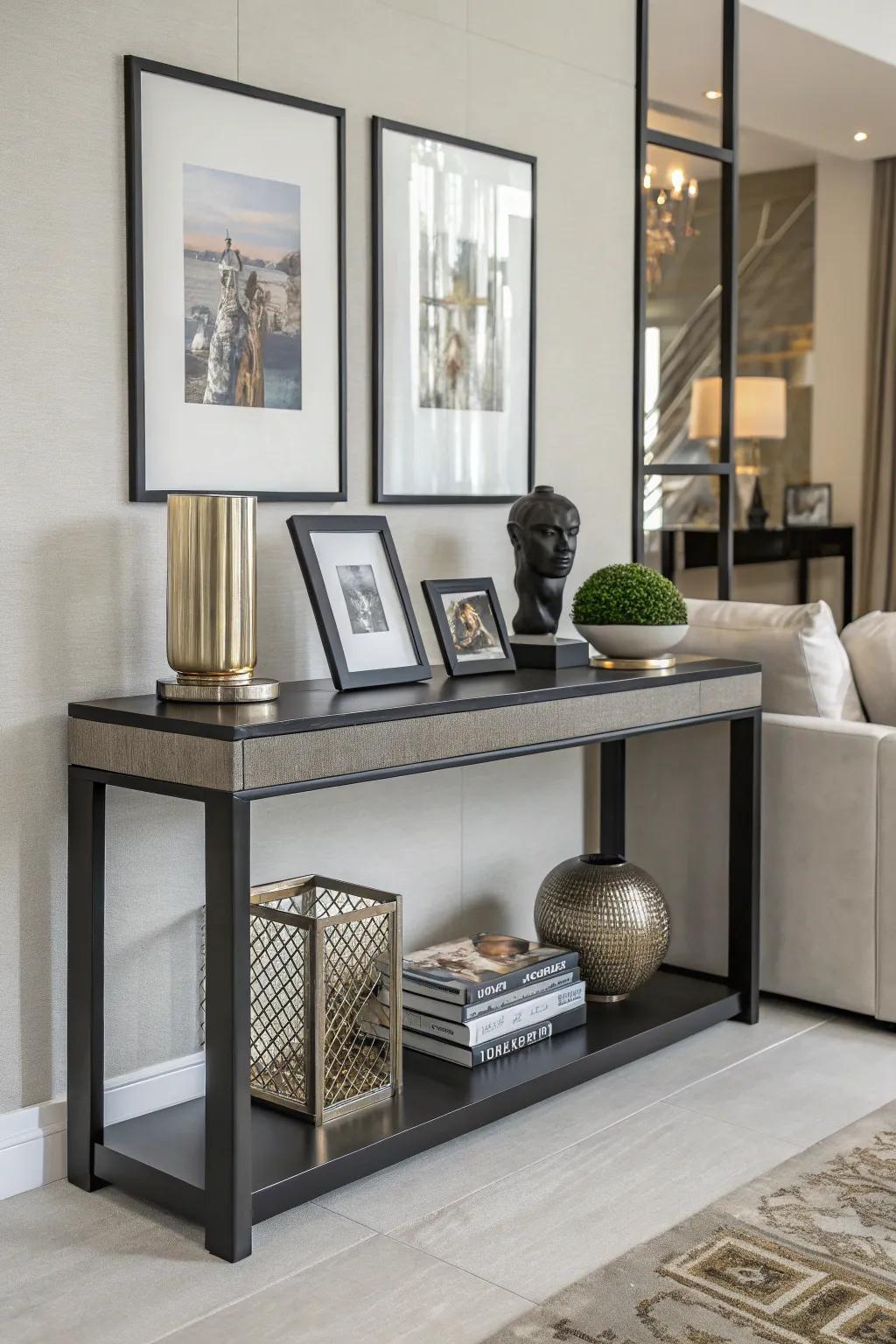 An artful picture design over a console table.