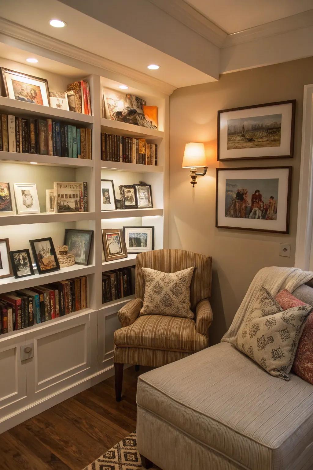 Cozy reading nook with picture shelves for personalization.