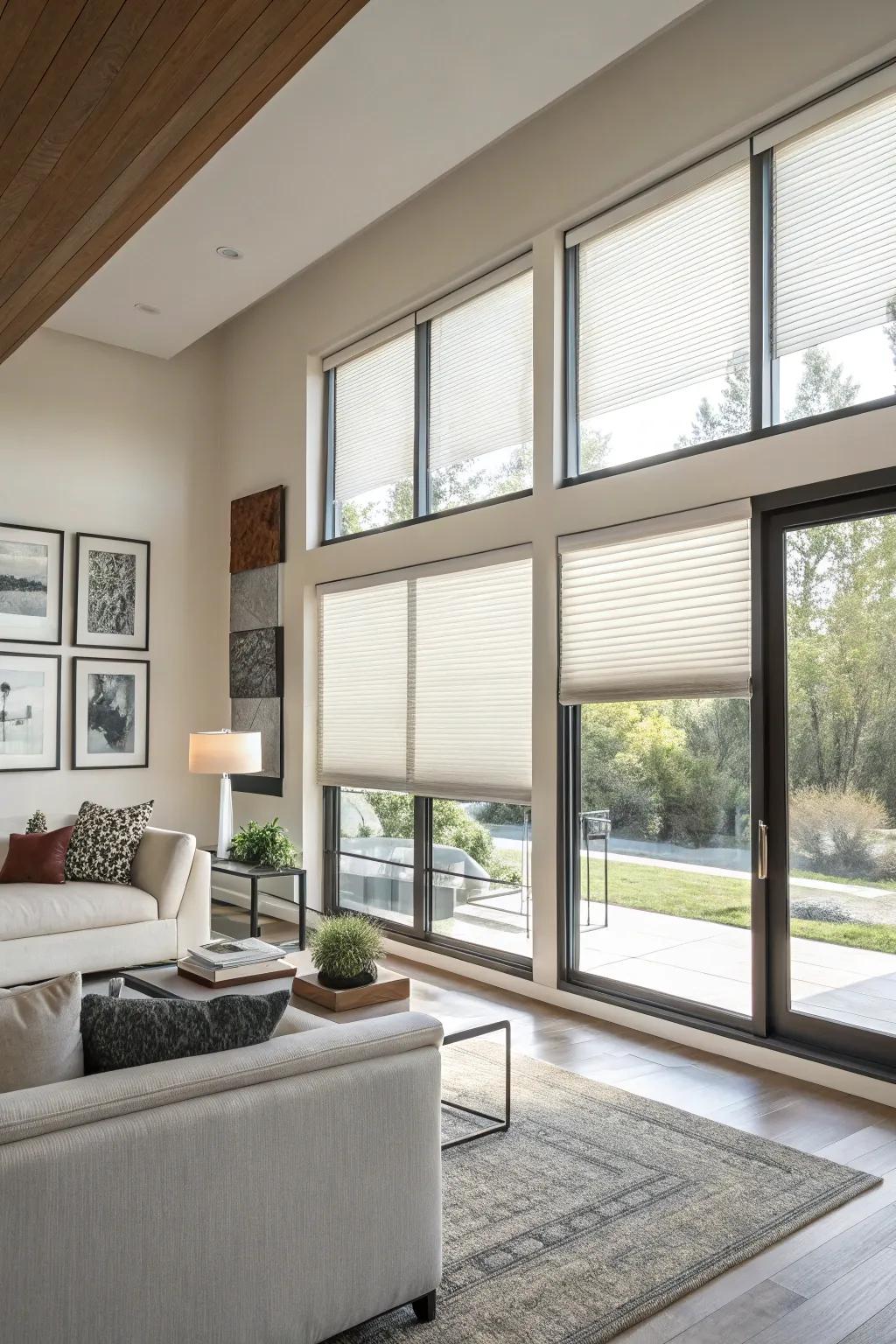 Contemporary family room showcasing energy-efficient cellular shades on a picture window.