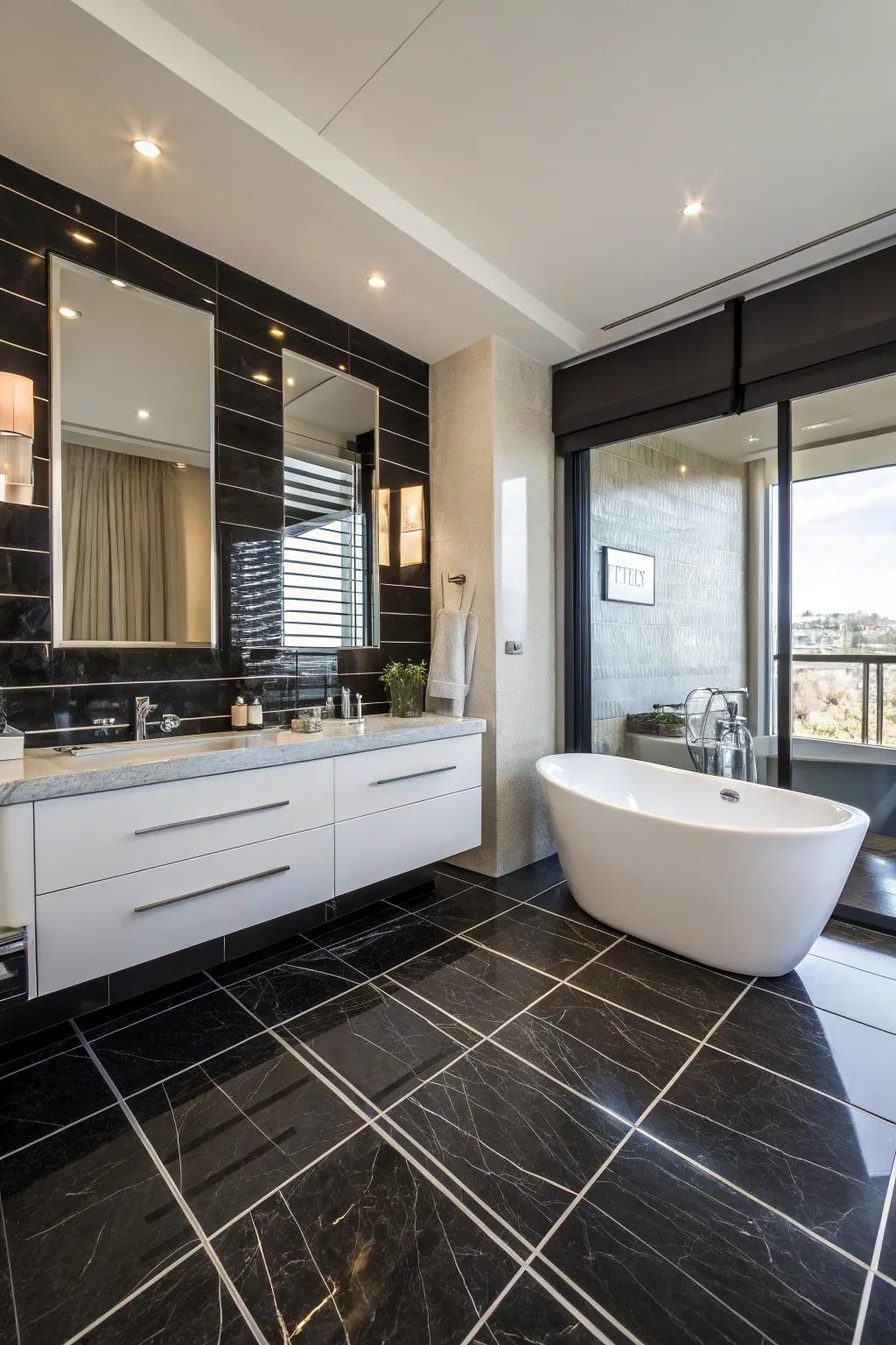 Ebony tiles enhance style and comparison within restrooms.