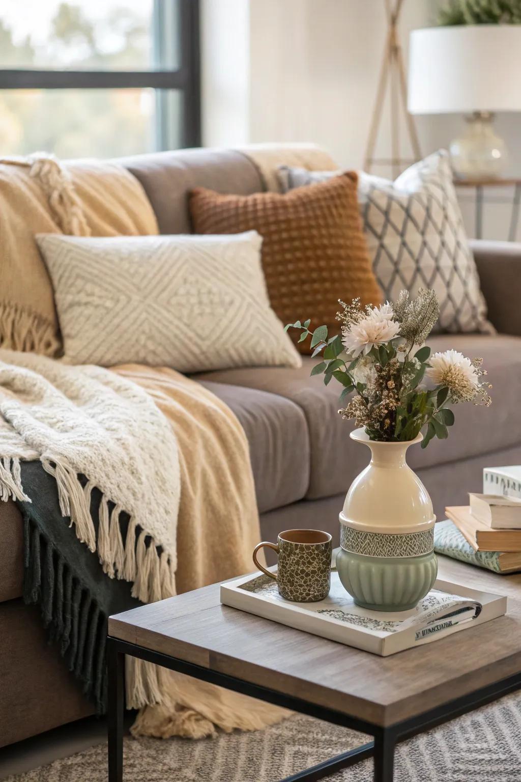 Throws layered on a sofa, exhibiting a combination of textures and hues.