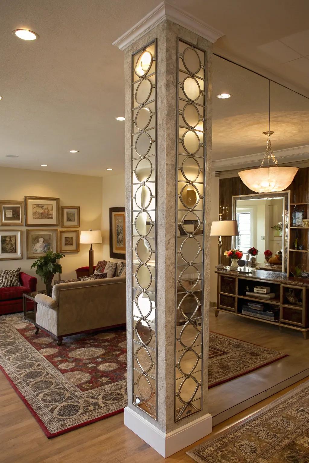 Mirrors on pillars enhance light and create an illusion of spaciousness.