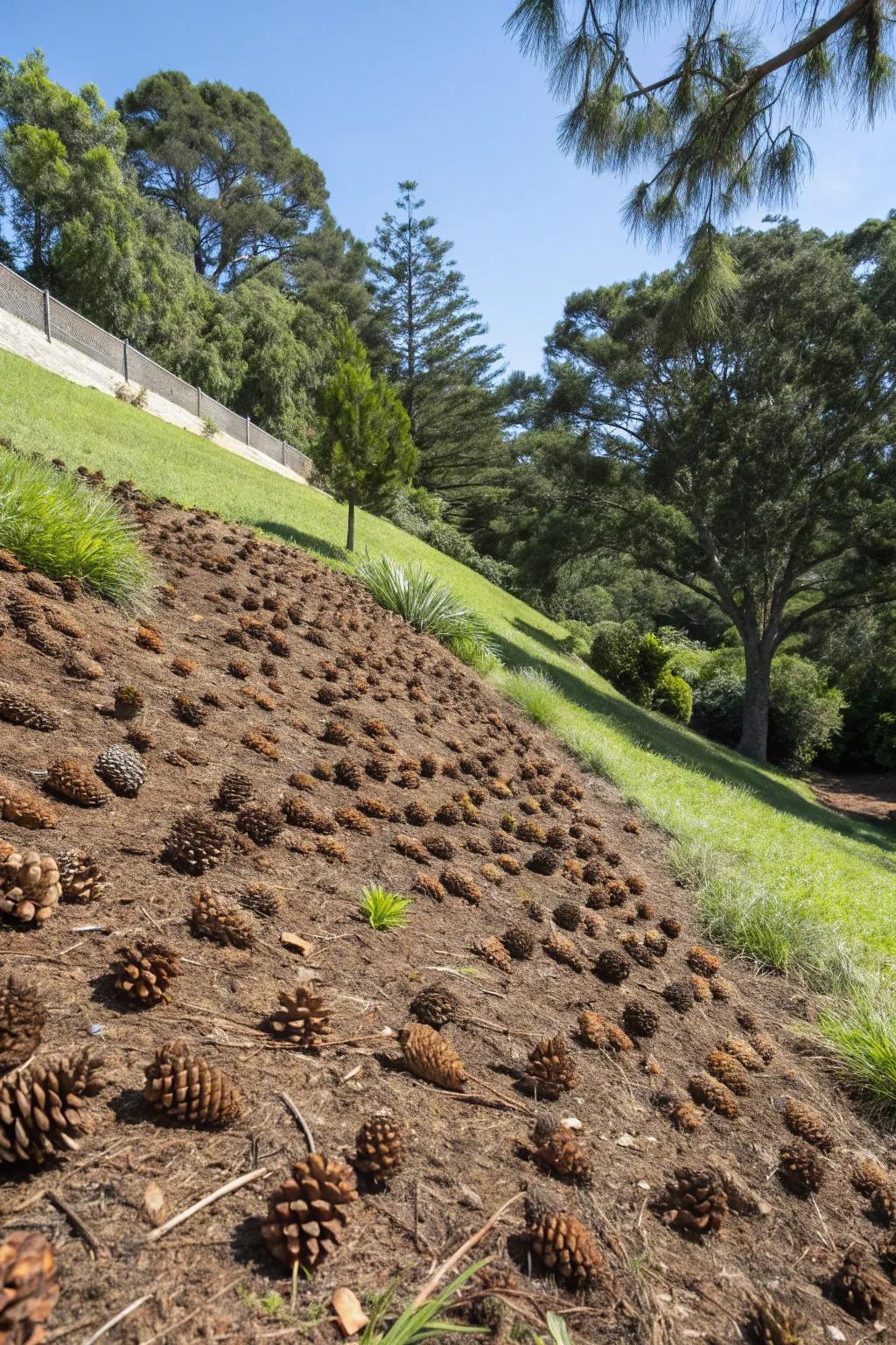 Pinecones effectively manage soil erosion on inclines.