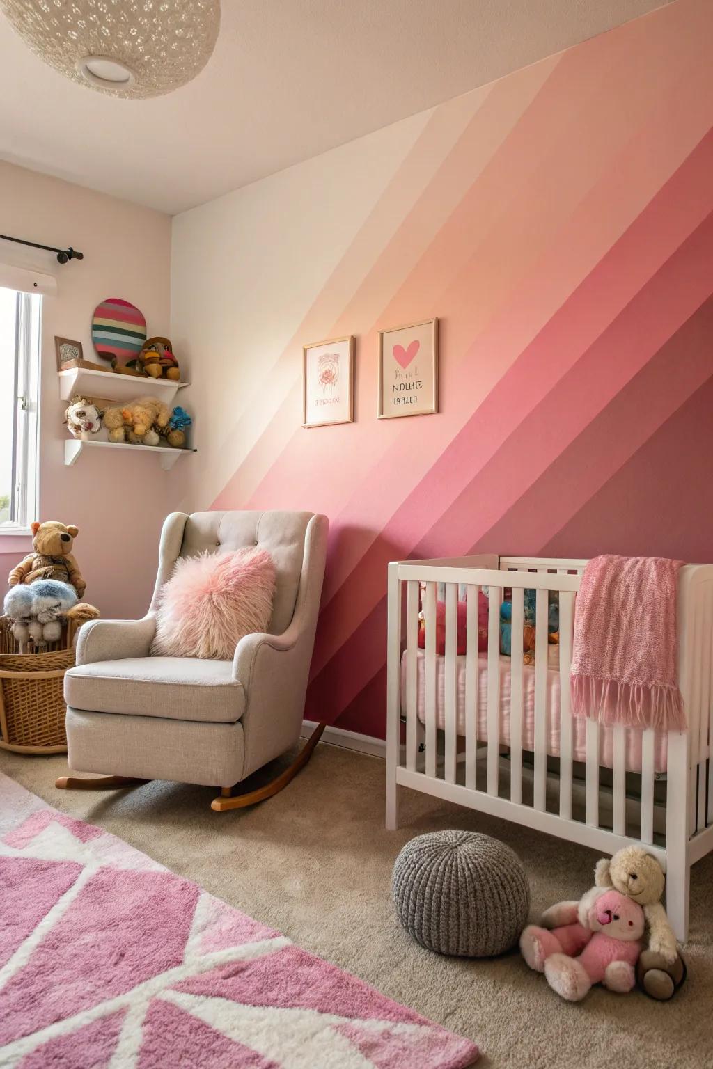 A nursery featuring a pink ombre wall, showcasing an artistic and dynamic appeal.