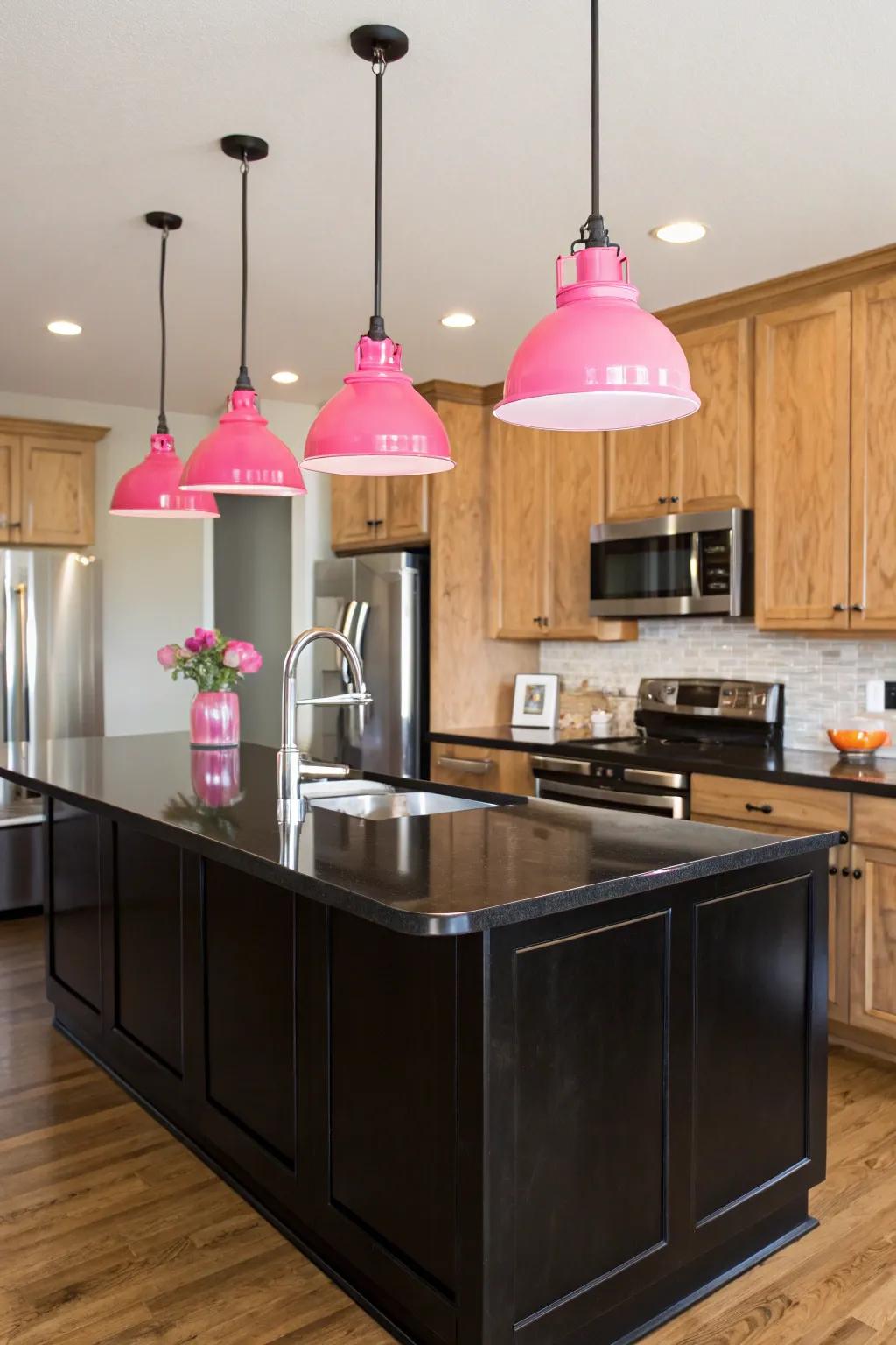 Chic lighting fixtures in rose provide a delicate glow to the kitchen's ambiance.