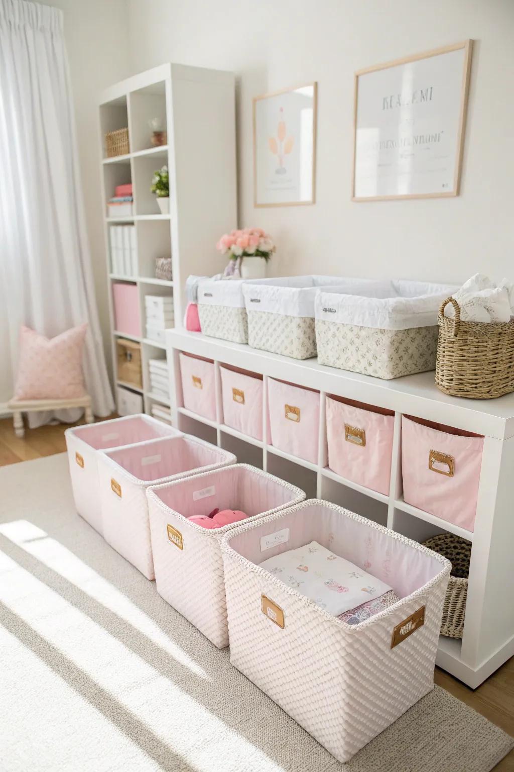 Elegant storage ideas ensure the nursery is tidy and stylish.