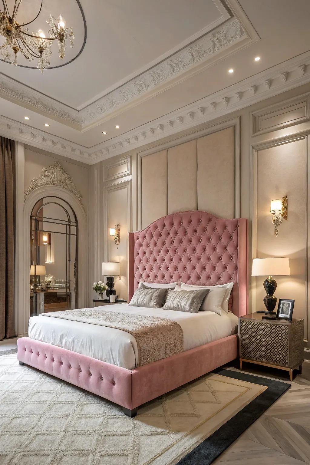 A dramatic and luxurious bedroom with an oversized pink headboard.