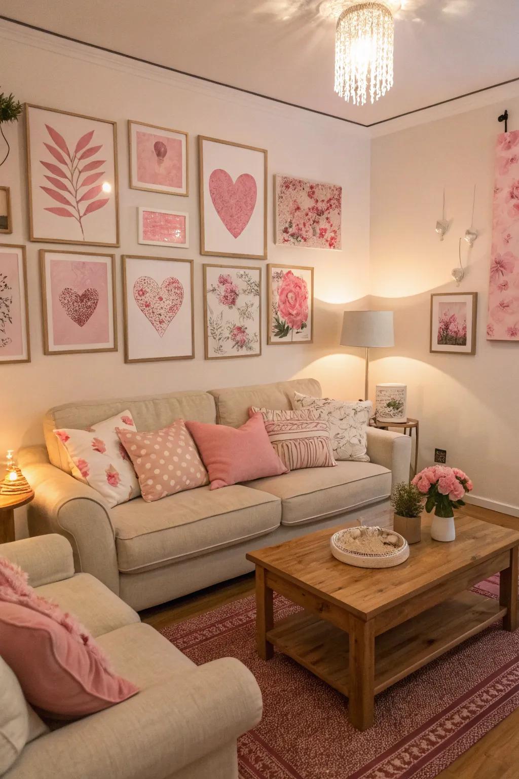 Pink-themed art adds personality and style to the room.