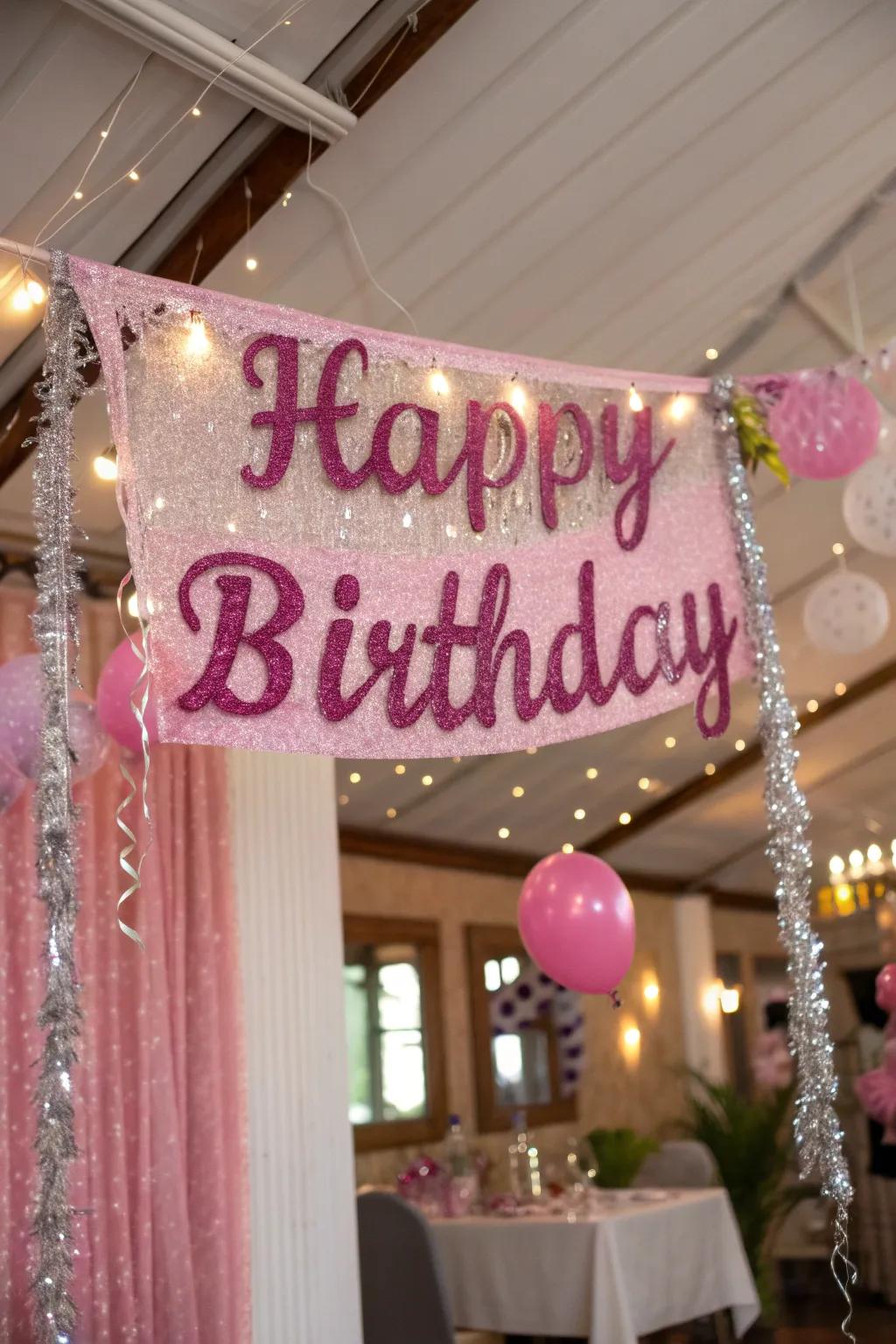 Custom pink banners include an individual touch to the celebration.