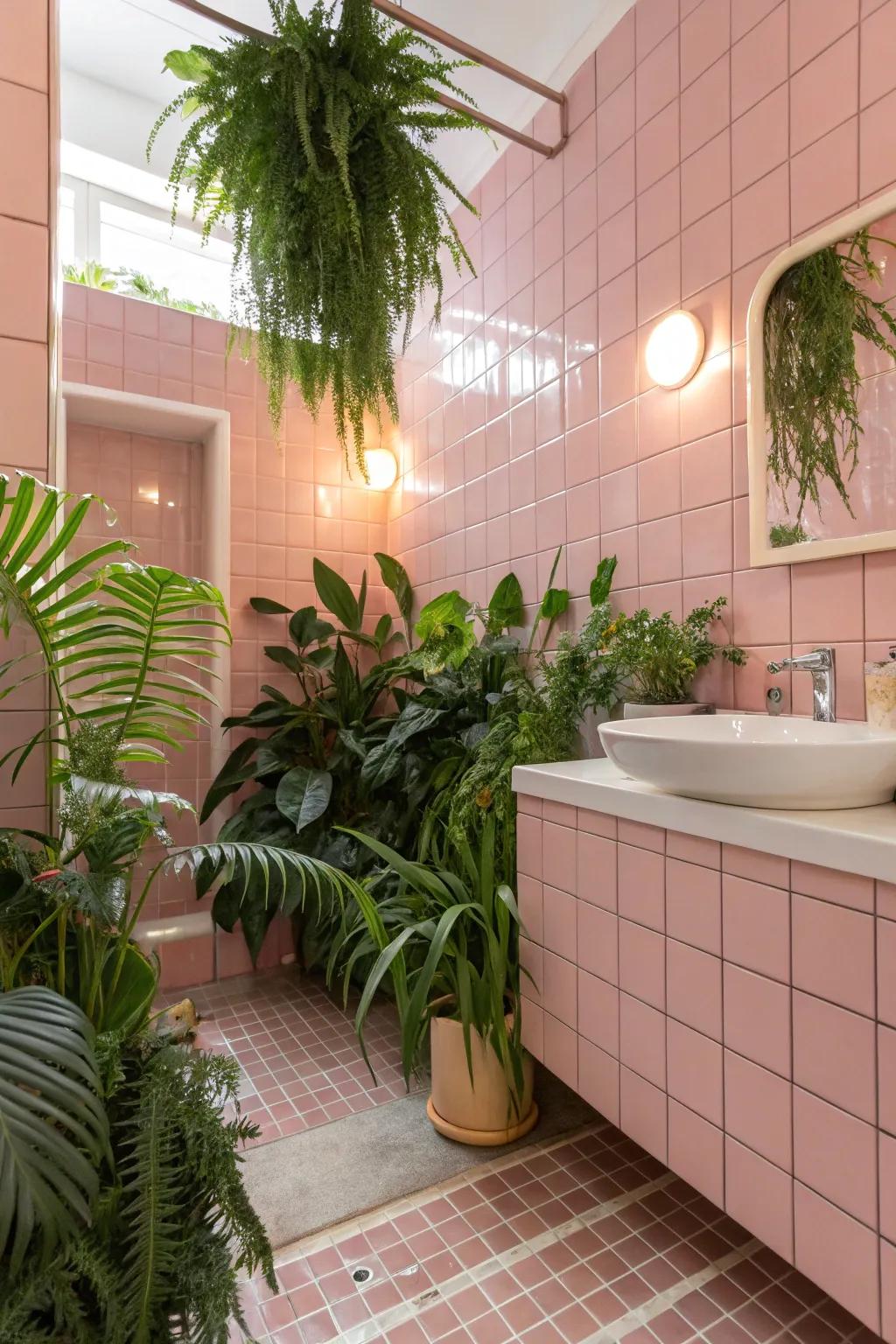 A refreshing bathroom featuring rose-tinted tiles and lively botanical accents.