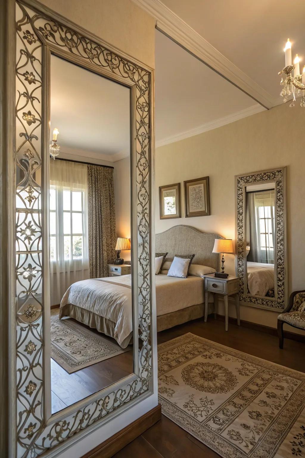 Decorative mirrors add depth and elegance to a plush bedroom.