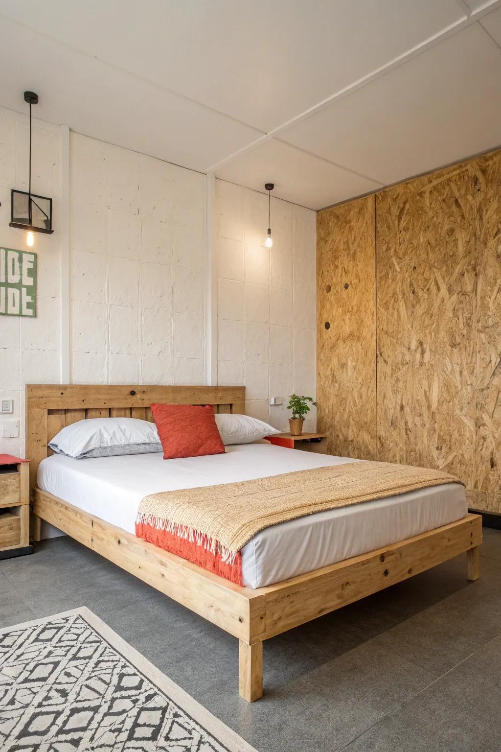 A laminated wood bed frame enhances the elegance of a minimalist bedroom.