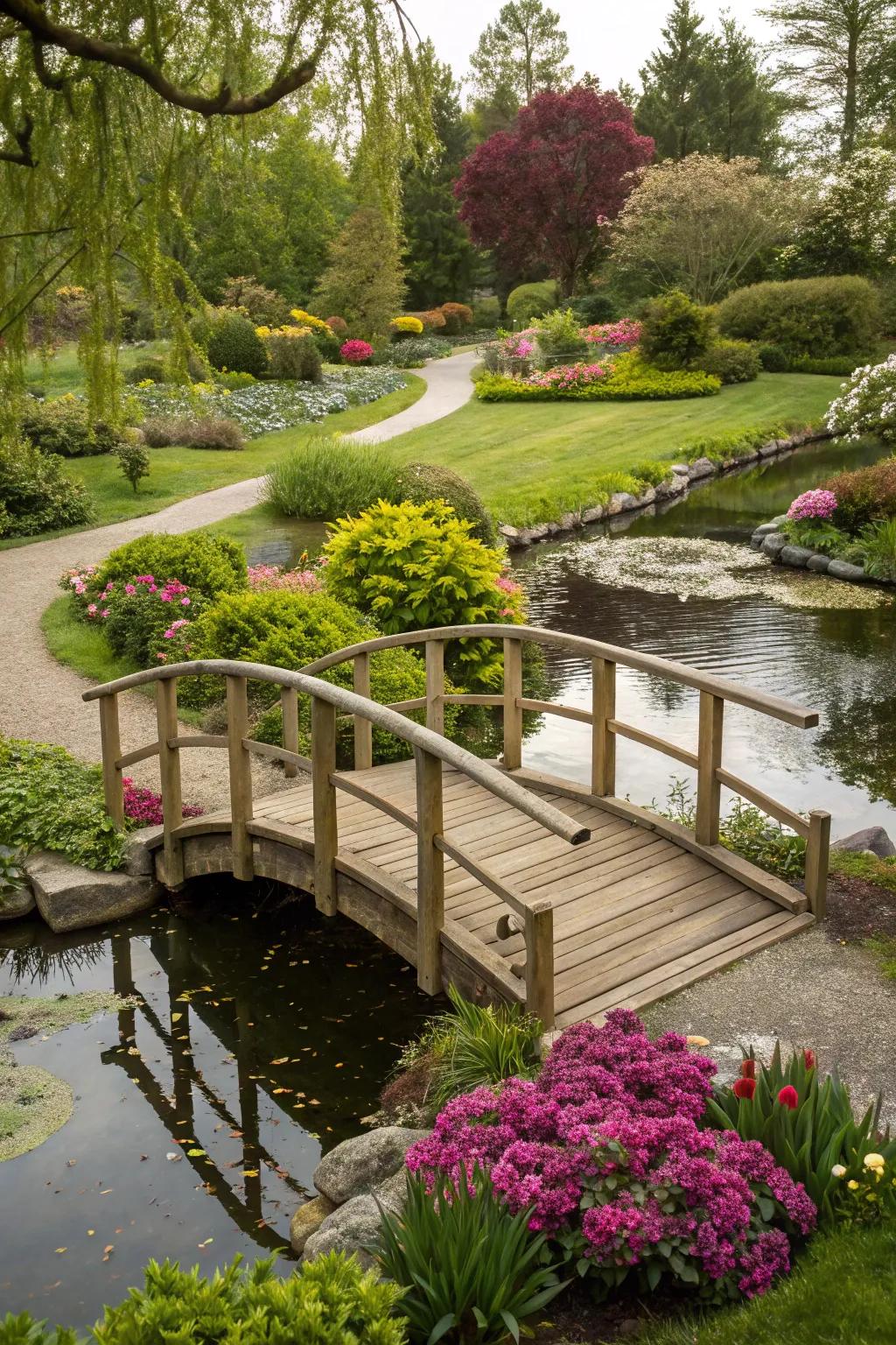 A charming miniature bridge spanning a backyard pond.