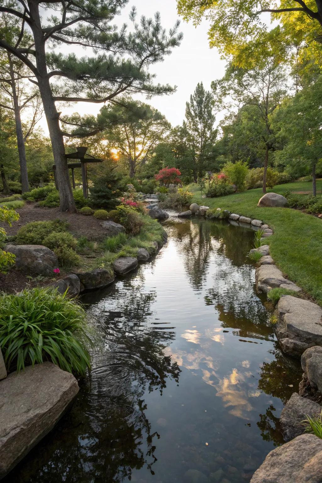 Reflecting water courses cultivate serene and reflective zones.
