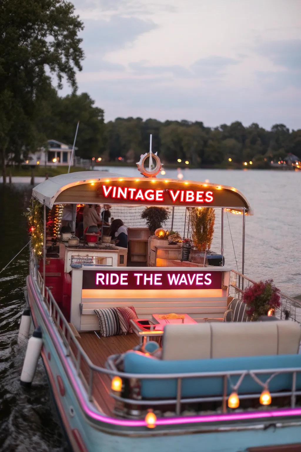 Retro pontoon glowing with neon lights and vintage charm.